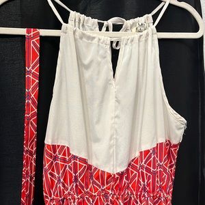 Unique long dress with cream, red, & blue design